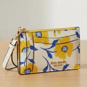 Kate Spade Morgan Sunshine Floral Card Case Wristlet Yellow Keyring Wallet